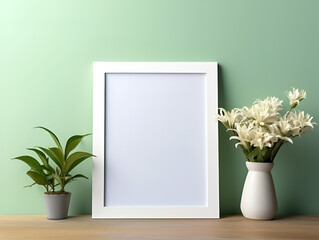 Empty photo frame mock up with flowers and green plant in a vase on green wall