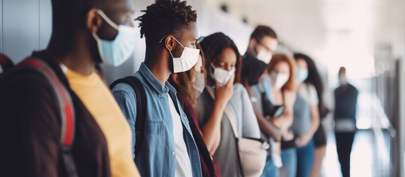 Young people queuing practicing social distancing wearing masks - Normal lifestyle concept