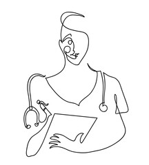 One line drawing of female doctor wearing uniform with folder.
One continuous line drawing of professional medical service.
