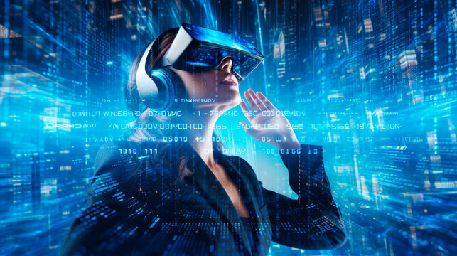business woman wearing a VR headset immerses herself in the world of virtual reality