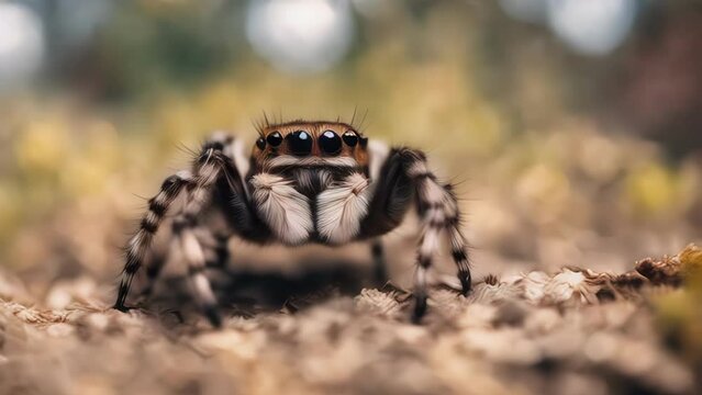 Macro Photography Style Animation of Cute Brown Furry Jumping Spider. Adorable Tiny Spider in the Sunlit Woods. Nature Documentary Style Clip of Cute Arachnid with Eight Legs and Eight Eyes. 