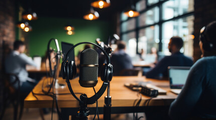 A behind-the-scenes look at a podcast team preparing for a live recording, podcast recording, blurred background, with copy space