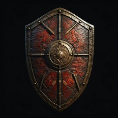 Fototapeta premium Rusty Medieval Shield with War Torn Effect Isolated on Black Background