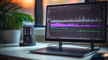 A podcast recording software interface with waveforms on a computer screen, podcast recording, blurred background, with copy space