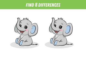 Find 8 differences between two pictures of cute elephant. Cartoon elephant. Activity page.
