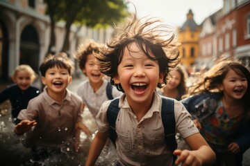 A candid street photograph capturing the infectious laughter and happiness of children playing together in a vibrant city square - obrazy, fototapety, plakaty