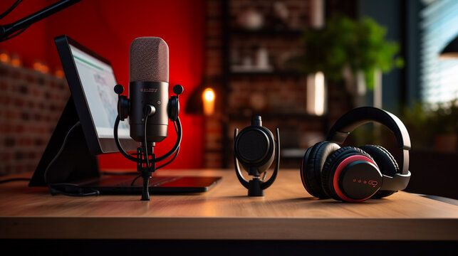 Podcast equipment arranged neatly on a desk, ready for recording, podcast recording, blurred background, with copy space