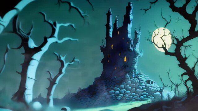 Anime Style Haunted Vampire Castle on a Hill Under a Full Moon. Moonlit Spooky Cartoon Halloween Mansion at Night. Looping. Animated Background / Wallpaper. VJ / Vtuber / Streamer Backdrop. Seamless L