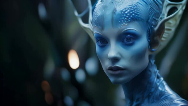 Beautiful Blue Mermaid Alien Woman. Blue Female Water Nymph Walking on Low Depth of Field Background. Cinematic Clip of an Aquatic Fantasy Monster Girl. Role Playing, Video Game, Science Fiction Style