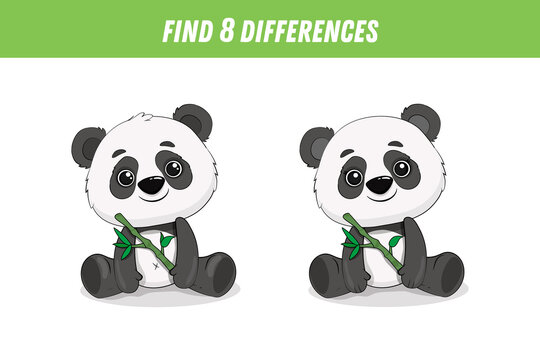 Find 8 differences between two pictures of cute panda. Cartoon panda and bamboo. Activity page. 