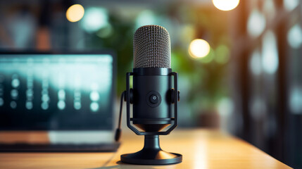A podcaster gesturing while making a point during the recording, podcast recording, blurred background, with copy space
