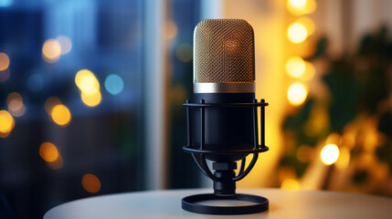 A podcast host welcoming listeners at the beginning of an episode, podcast recording, blurred background, with copy space