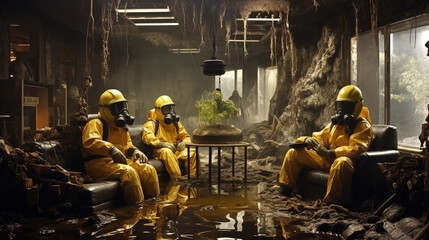 Three men in yellow protective suits sitting in a building damaged by flood.