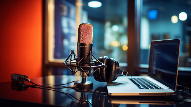Behind-the-scenes of a podcast recording, showing a script and notes, podcast recording, blurred background, with copy space