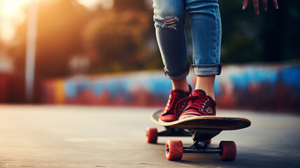 Close-up of a female skater's hands gripping the board, female skater fun, blurred background, with copy space