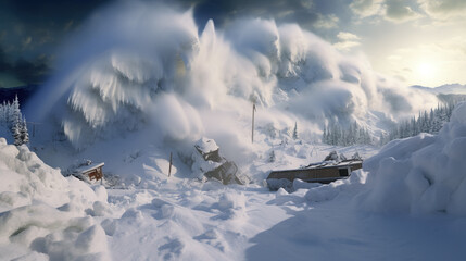 A large snow avalanche falls on fragile wooden buildings on a mountainside.