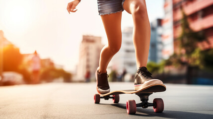 Female skateboarder enjoying a solo session at a mini-ramp, female skater fun, blurred background, with copy space