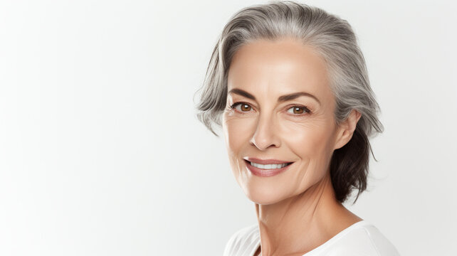 Face, beauty and satisfaction with a adult 50 years old woman. Happy woman on a grey background. The concept of health care, mental health. Skin care beauty, skincare cosmetics, advertising concept.

