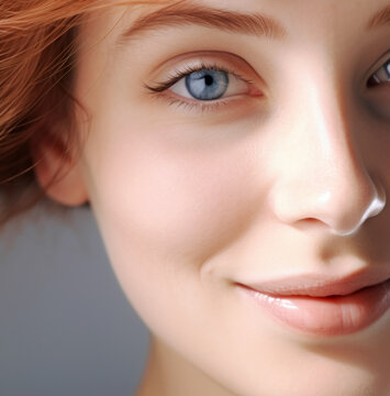 Photo o a clean face of a woman showing off her smooth skin care program routine. Glowing Skin, Close up photo of beautiful woman's skin and pores