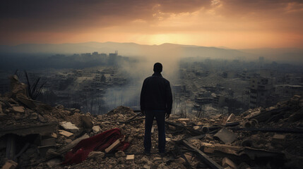 Shadowed Realities: A Man Faces Urban Desolation after war, generative ai