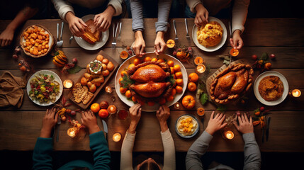 Family praying holding hands at Thanksgiving table, generative ai