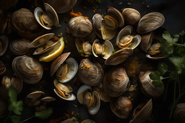 cooked clams in the shell, close up shellfish