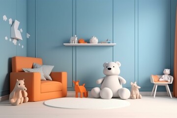 Contemporary kid's bedroom with comfy bed and plush toys, wall design orange children's room with blue armchair, 3D rendering. Generative AI