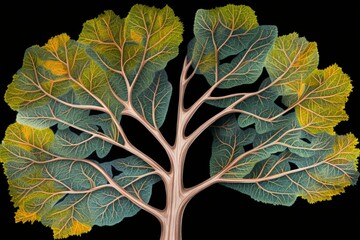 Respiratory system and lung anatomy depicted with tree leaves. Generative AI
