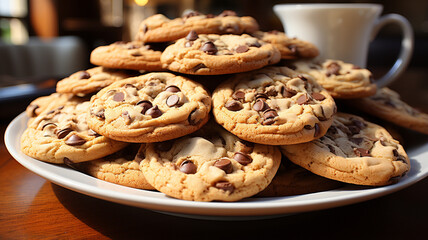 Naklejka premium chocolate chip cookies on a tray and milk