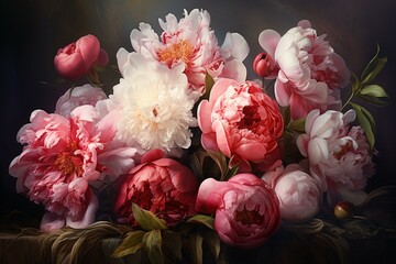An artistic picture capturing the beauty of peonies. Generative AI