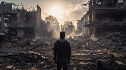 A Journey of Resilience: Devastated Man in Desolation during war, Generative AI