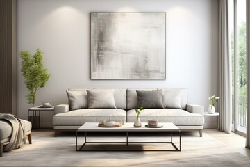 Contemporary gray sofa in a clean, minimalist living room with modern design. Generative AI
