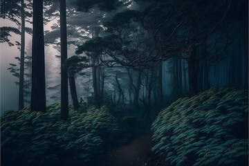 foggy forest in japan hyperrealistic 