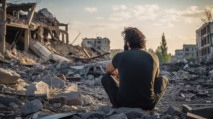 Rebuilding the Spirit: A Devastated Man in Ruins in the war torn city, Generative AI