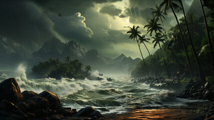 Gloomy tropical stormy ocean on the tropic shore - obrazy, fototapety, plakaty