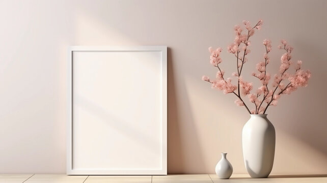 Neutrales modernes Wohndesign, Vase mit Trockenblumen, leerer Rahmen an der Wand, Generative AI