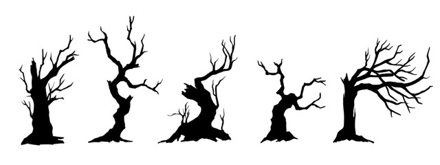 Set of silhouettes of dry trees, bushes. Vector graphics.	