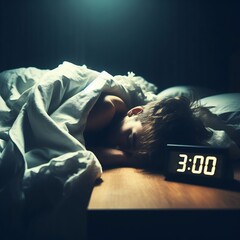 Young man with insomnia at 3 o'clock,tossing and turning under messy blankets, digital clock numbers 3:00 on the bedside