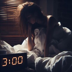 Young woman with insomnia at 3 o'clock, tossing and turning under messy blankets, digital clock numbers 3:00 on the bedside