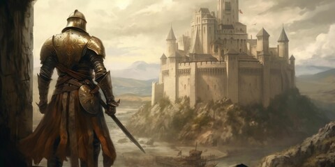 Naklejka premium A medieval warrior with a Majestic castle in front of him