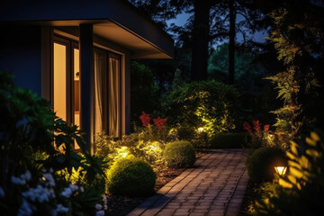 Fototapeta na wymiar Modern gardening landscaping design details. Illuminated pathway in front of residential house. Landscape garden with ambient lighting system installation highlighting flowers plants