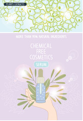 Vector illustration of Natural organic cosmetics. Hand holding bottle with serum for skin. Daily skin care routine concept. Colored flat vector illustration.