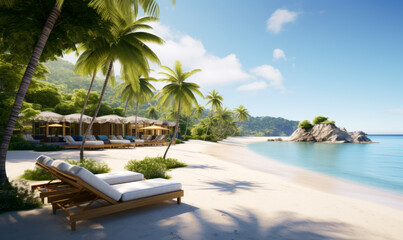 The picturesque allure of a beachside paradise, showcasing the summer tableau of chaise lounges,...