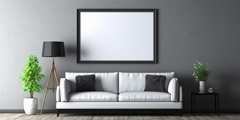 Modern and Minimalist Living Room Interior Design with Blank White Picture Frame Mockup