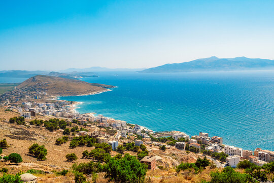 View of the Lekuresi Castle Restaurant on top of a mountain near Saranda, South Albania. Albania beach riviera