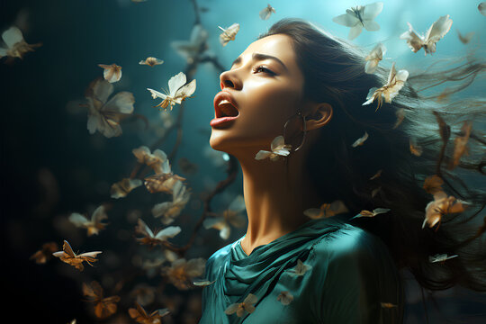 Courage and determination of a woman (green dress), breaks silence surrounding violence against women, using voice - Art for International Day for the Elimination of Violence against Women