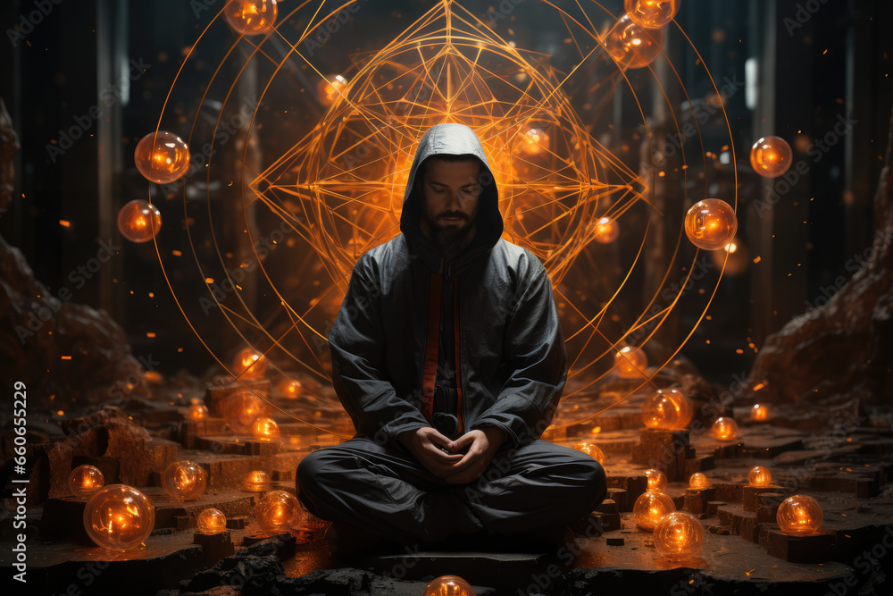 Poster a person in a meditative pose surrounded by quantum symbols, exploring the idea of inner consciousne