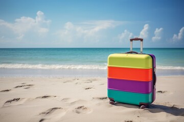 Colorful suitcase with beach items on sandy beach, surrounded by sea and sky. Represents summer travel. Generative AI