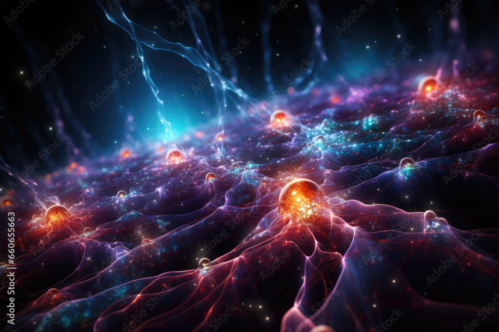 Poster a quantum brainwave visualization, illustrating the dynamic nature of consciousness and its quantum 