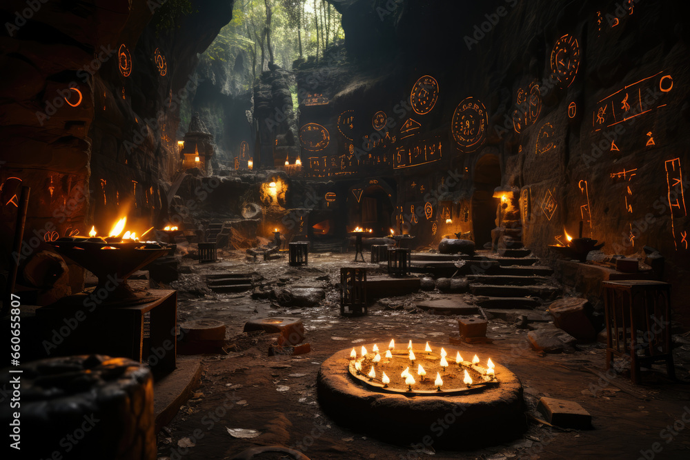 Poster a cave adorned with mysterious drawings, hinting at encounters with mythical beings throughout histo
